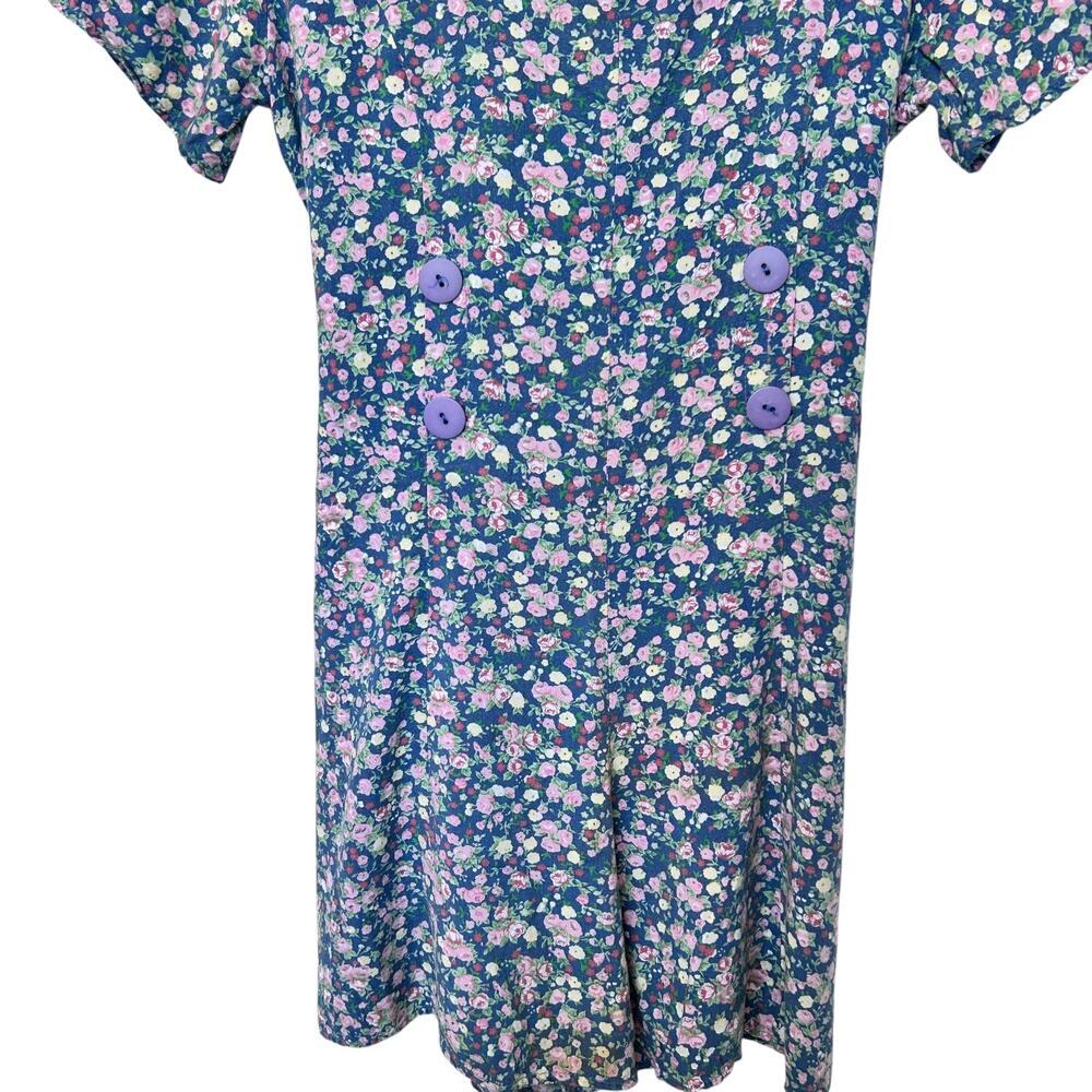 Vintage 90's Floral Rayon Romper Blue Pink Cottagecore Summer Mini size Large - Picture 3 of 9